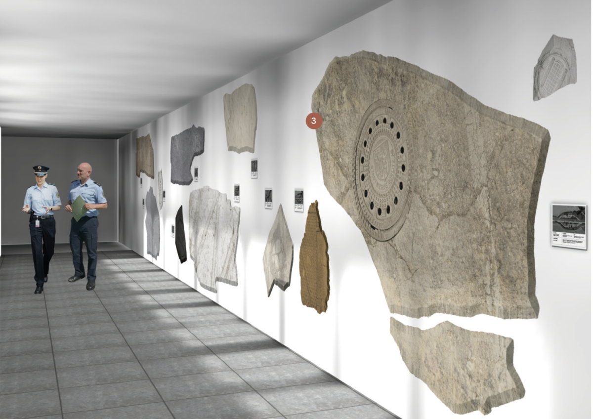 Visualization of the wall-mounted casts—featuring different color textures of various sedimentary rocks from the region.