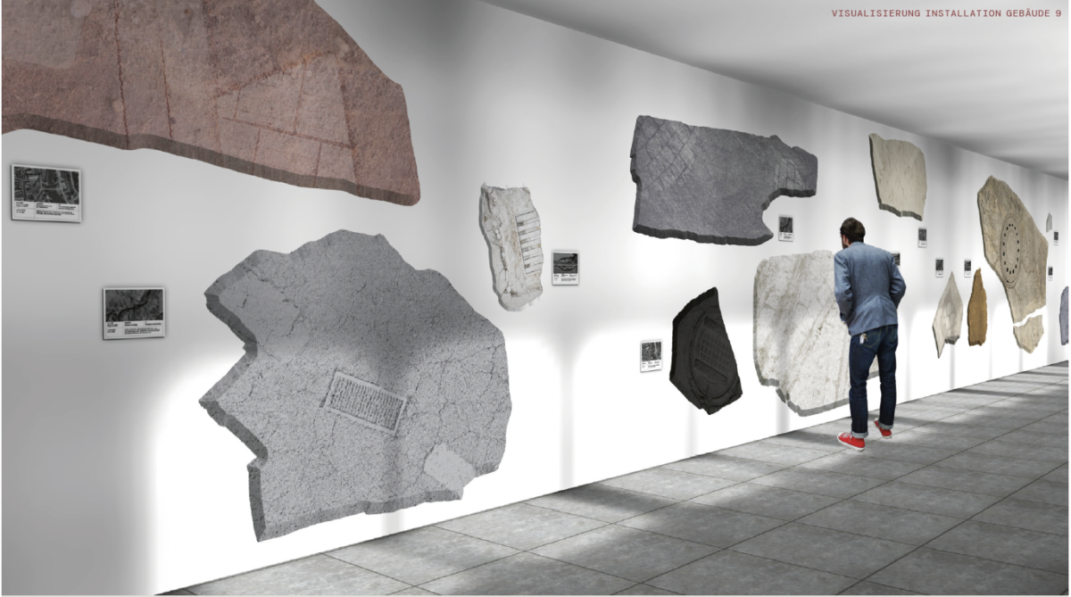 The reliefs are arranged in irregular clusters, like artifacts in a repository or fragments of a historic fossil stone frieze.